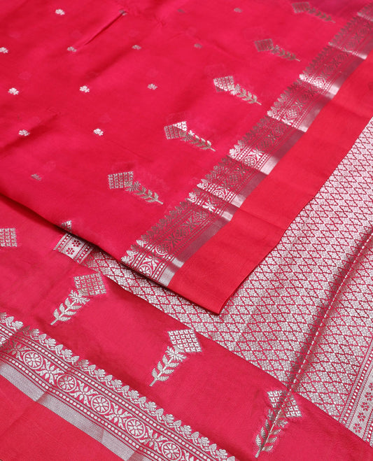 Red motifs raw mango silk saree with self zari design border  & argyle design pallu