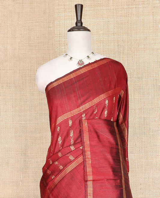 Red Dupion Silk Saree, Richly Detailed with Floral Buttas All Over Its Body, Complemented by a Zari Striped Border, Sparsely Woven Pallu of Intricate Geometric Patterns, and Paired with a Matching Blouse