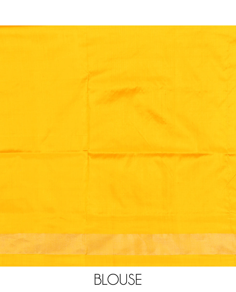 Sandal Ikkat Silk Saree with Ikkat Buttas, Brightened with a Contrast Yellow Border, Pallu Features Ikkat Geometric Patterns, and with a Contrast Blouse