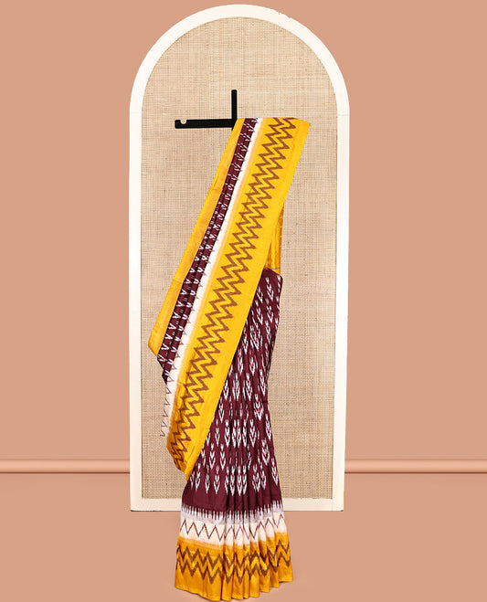 Maroon Pochampally Ikat Silk Saree, Delicately Woven with Buttas, Complemented by a Contrast Border, Ikat-Style Jaal Pallu, and Contrast Blouse