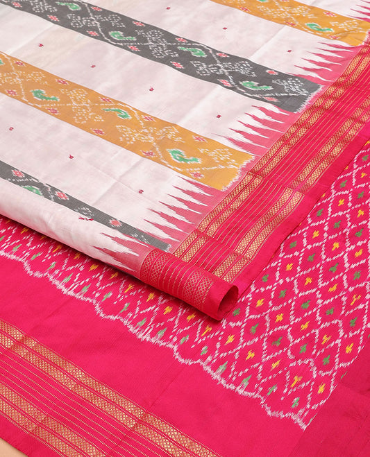 Cream ikkat saree with ikkat-style design weave, contrast temple traditional zari border & pallu of ikkat jaal design
