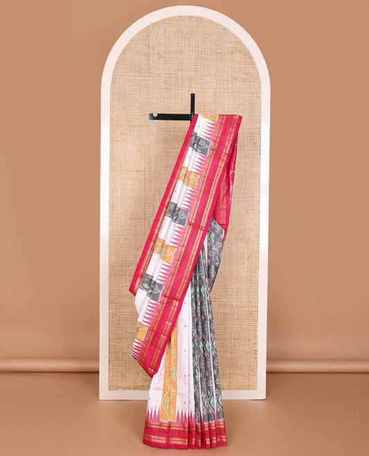 Cream ikkat saree with ikkat-style design weave, contrast temple traditional zari border & pallu of ikkat jaal design