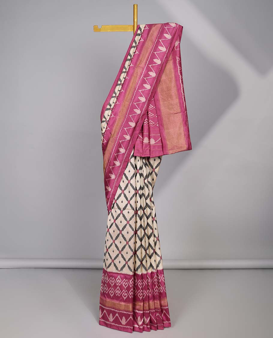 Cream argyle design ikkat silk saree , contrast design & intricate floral design pallu