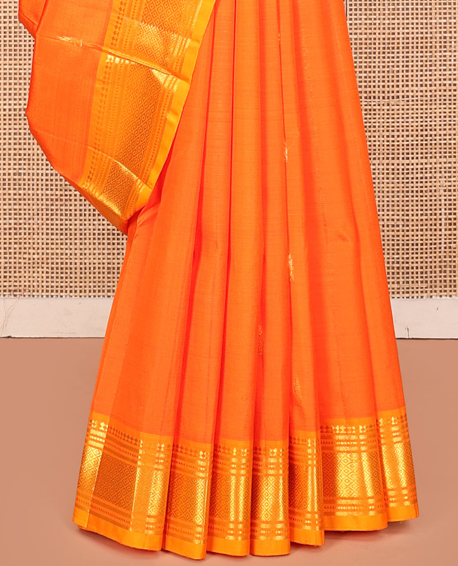 Orange Kanchipuram Silk Saree, Embellished with Zari Buttas, Contrast One-Sided Border of Paneer Sombu, Banaras, Muthu, and Mayil Kann Design, Zari Design Pallu, and No Blouse