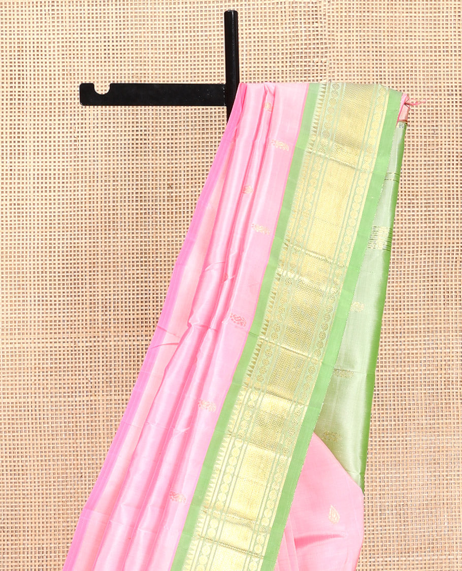 Pink Kanchipuram Silk Saree Featuring Zari Buttas, Contrast Border of Rekku, Banaras, Poun and Vanki, Pallu of Zari Design, and No Blouse