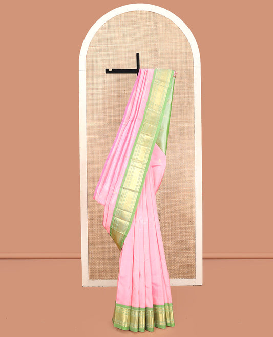 Pink Kanchipuram Silk Saree Featuring Zari Buttas, Contrast Border of Rekku, Banaras, Poun and Vanki, Pallu of Zari Design, and No Blouse