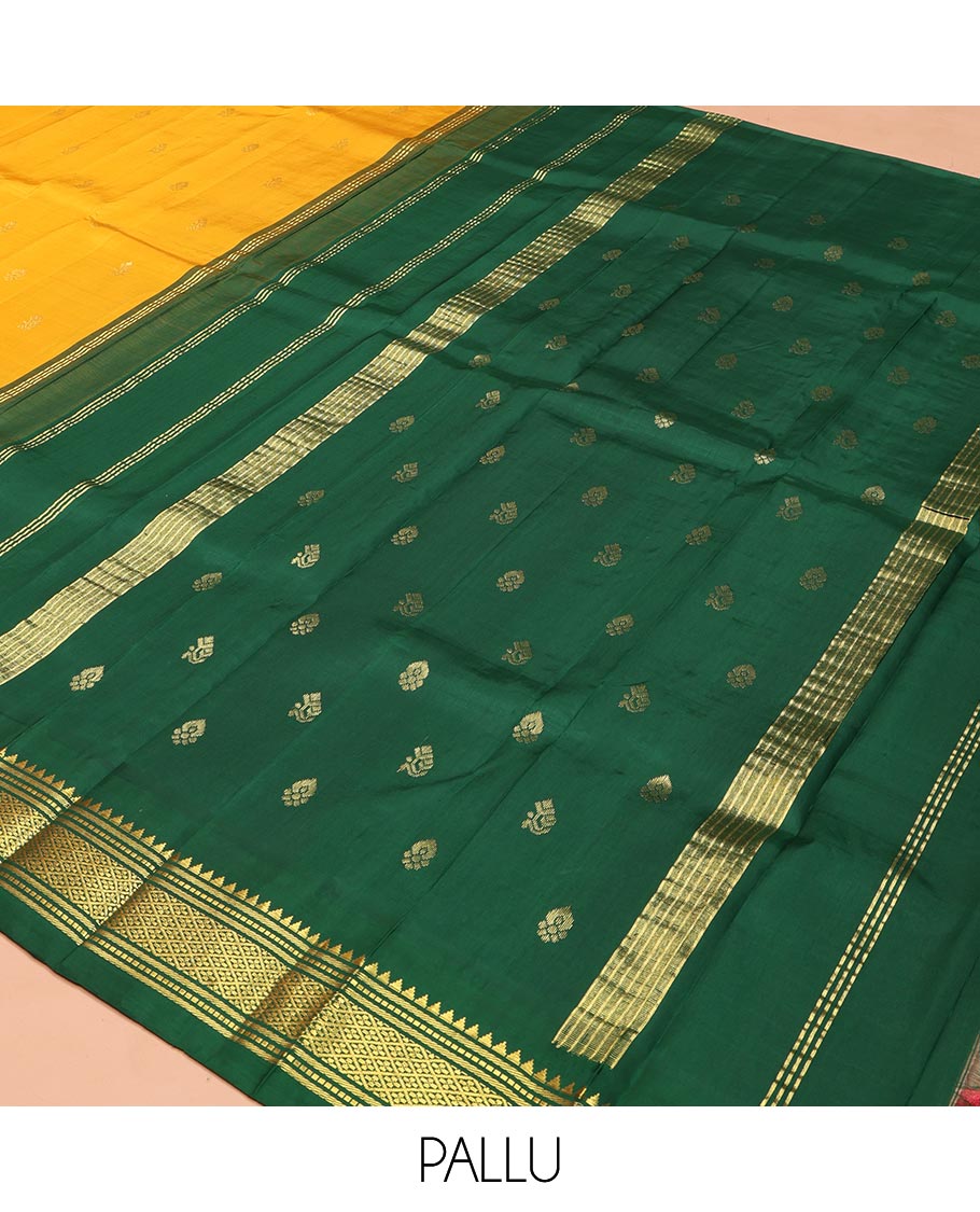 Yellow Kanchipuram Silk Saree, Subtly Sparkled with Zari Buttas on Its Body, Complemented by a Contrast One-Sided Korvai Border of Thazampoo Rekku, Banaras, Muthu, and Jaal Designs, Pallu Features Zari Designs, and Comes Without a Blouse