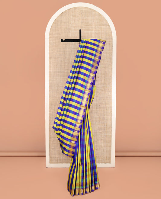 Multi-Color Kanchipuram Silk Saree, Detailed with Checked Design on Its Body, Highlighted by a Zari One-Sided Border of Rekku, Banaras, and Jaal Designs, Pallu of Zari Designs, and Comes Without a Blouse