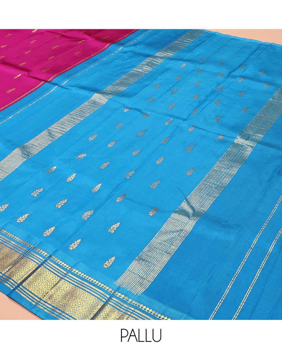 Pink Kanchipuram Silk Saree Featuring Zari Buttas, Complemented by a Contrast One-Sided Border of Panner Sombu, Banaras, Muthu, and Jaal Designs, Grand Pallu, and No Blouse