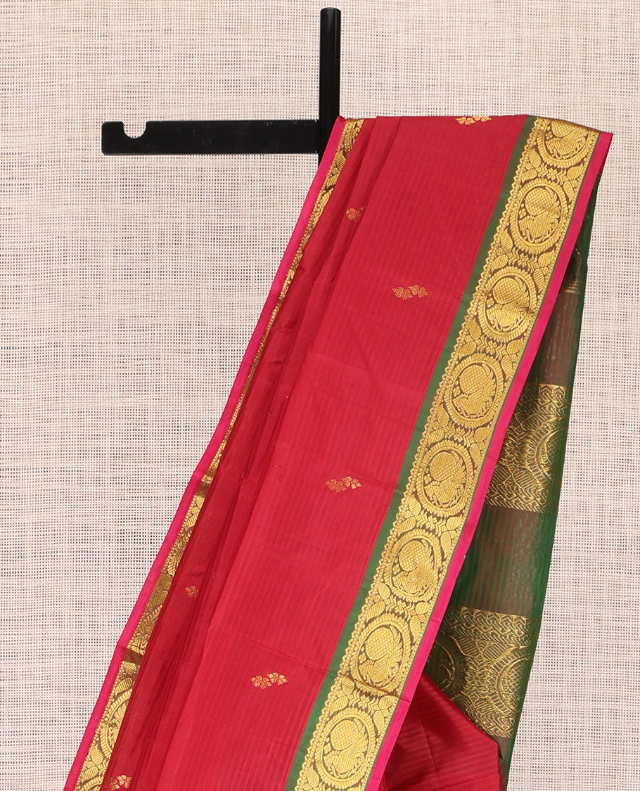 Red Kanchipuram Silk Saree, Elevated with Vazhaipoo Stipes and Zari Buttas, a Contrast Traditional Mayil Motif Border, Pallu of Zari Design, and Contrast Blouse