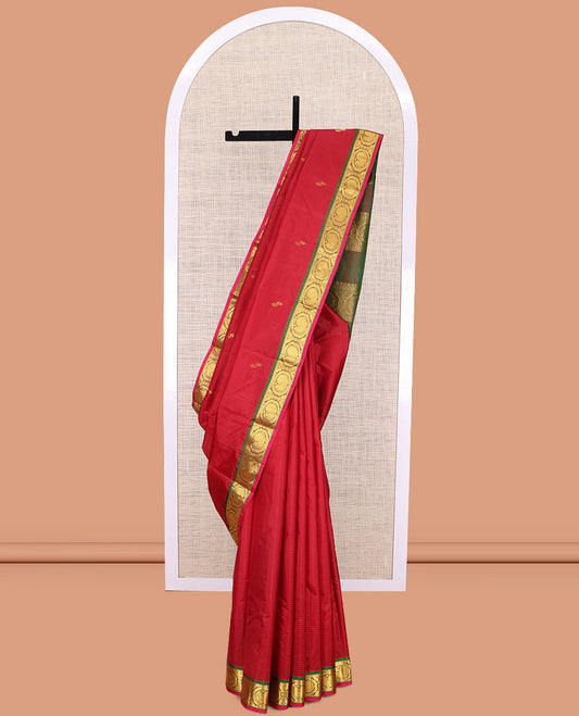 Red Kanchipuram Silk Saree, Elevated with Vazhaipoo Stipes and Zari Buttas, a Contrast Traditional Mayil Motif Border, Pallu of Zari Design, and Contrast Blouse