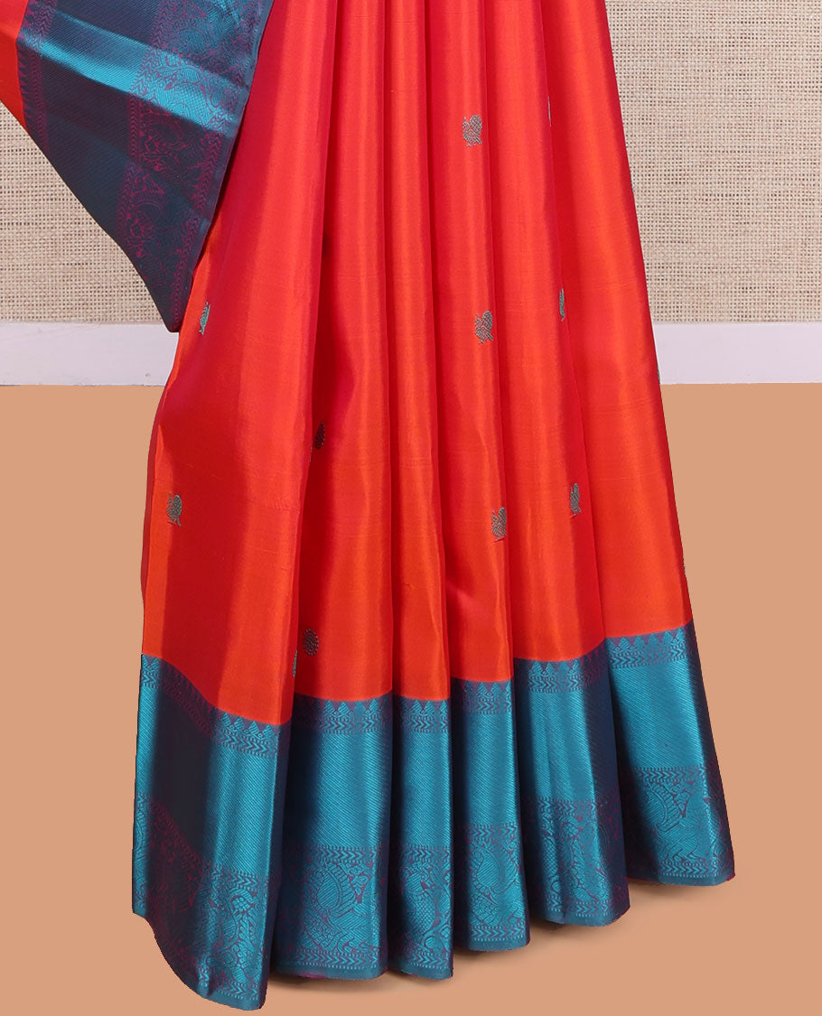 Orange Kanchipuram Silk Saree, Woven with Mayil-Chakram Buttas, Complemented by a Contrast Mayil Motif Woven Border, Jaal Pallu, and a Contrast Blouse