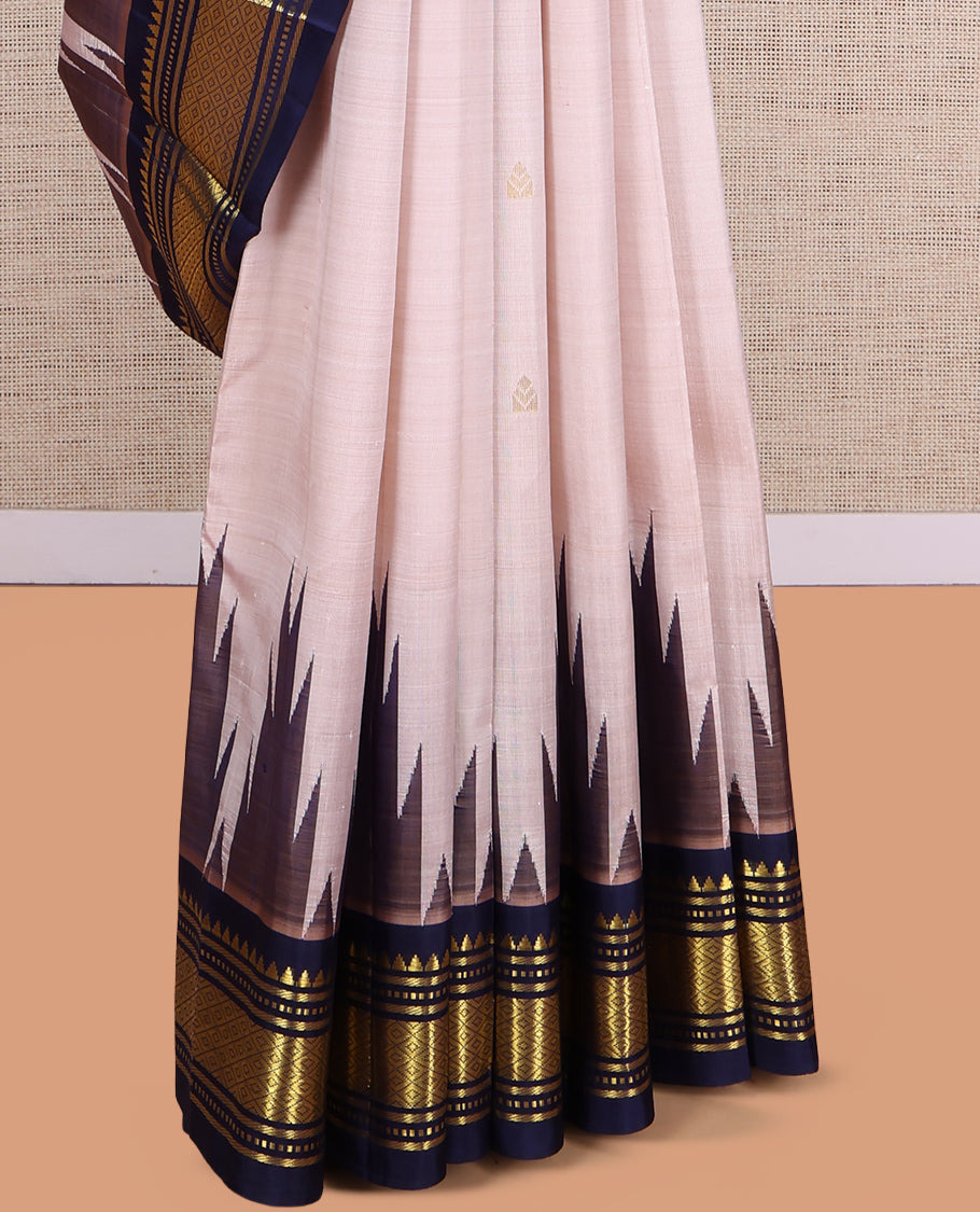 Beige Kanchipuram Silk Saree, Elevated with Zari Buttas, a Contrast One-Sided Border of  Thazhampoo, Rekku, Banaras and Mayil Kann Design, Zari Design Pallu, and No Blouse