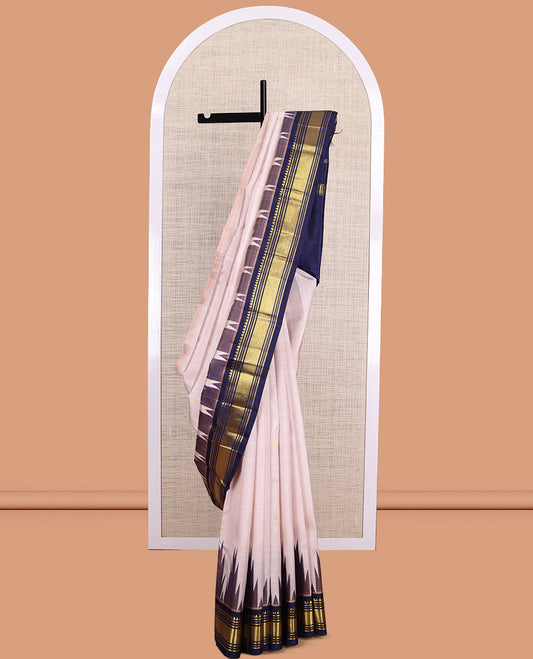 Beige Kanchipuram Silk Saree, Elevated with Zari Buttas, a Contrast One-Sided Border of  Thazhampoo, Rekku, Banaras and Mayil Kann Design, Zari Design Pallu, and No Blouse