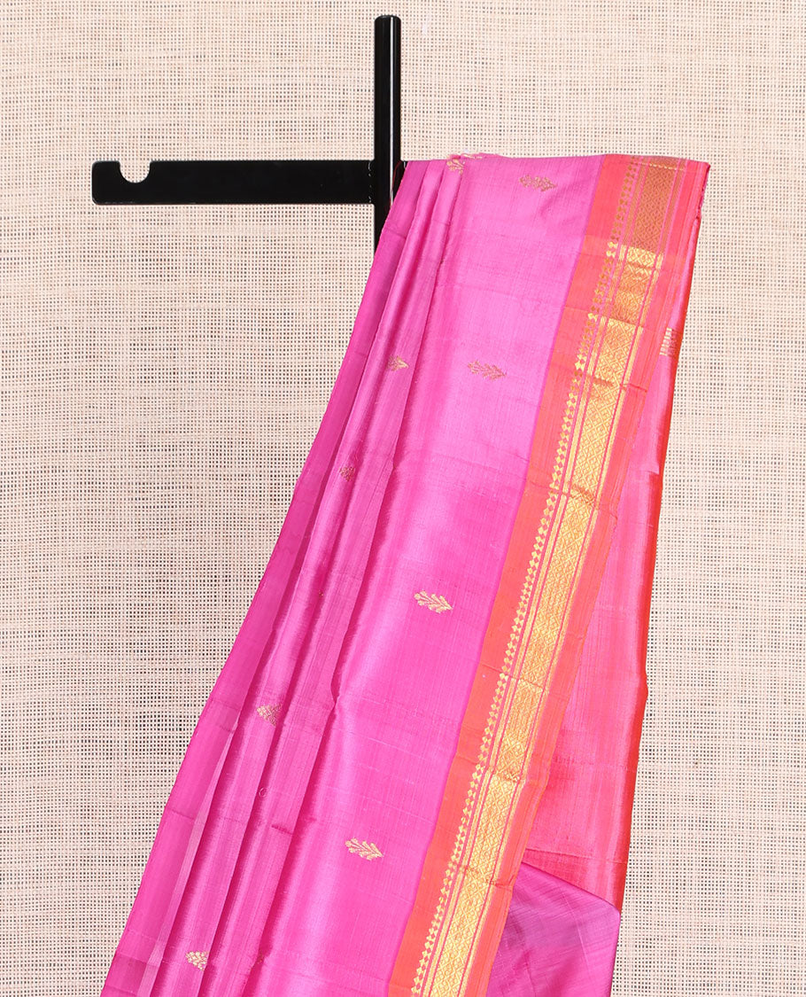 Pink Kanchipuram Silk Saree, Woven with Zari Buttas, a Contrast One-Sided Border of Panner Sombu, Banaras, and Jaal Designs, Zari Design Pallu, and No Blouse