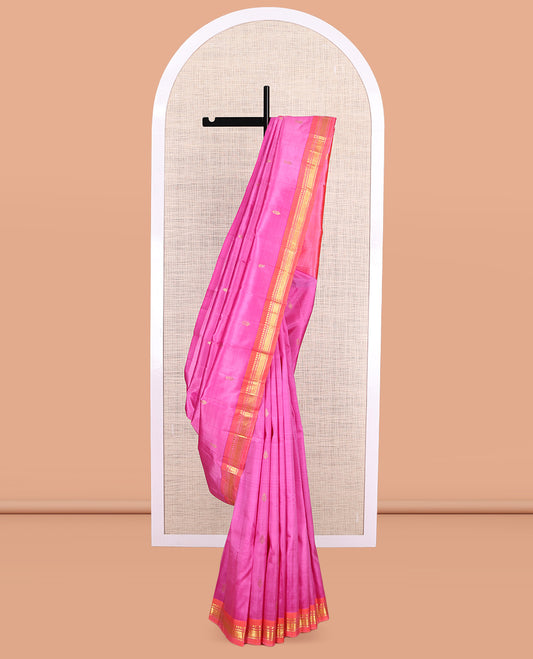 Pink Kanchipuram Silk Saree, Woven with Zari Buttas, a Contrast One-Sided Border of Panner Sombu, Banaras, and Jaal Designs, Zari Design Pallu, and No Blouse