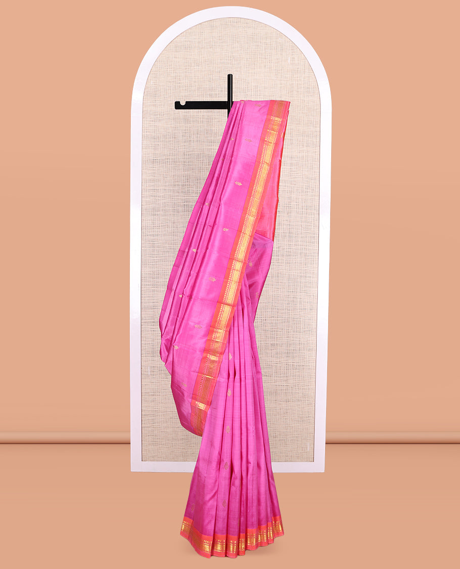 Pink Kanchipuram Silk Saree, Woven with Zari Buttas, a Contrast One-Sided Border of Panner Sombu, Banaras, and Jaal Designs, Zari Design Pallu, and No Blouse