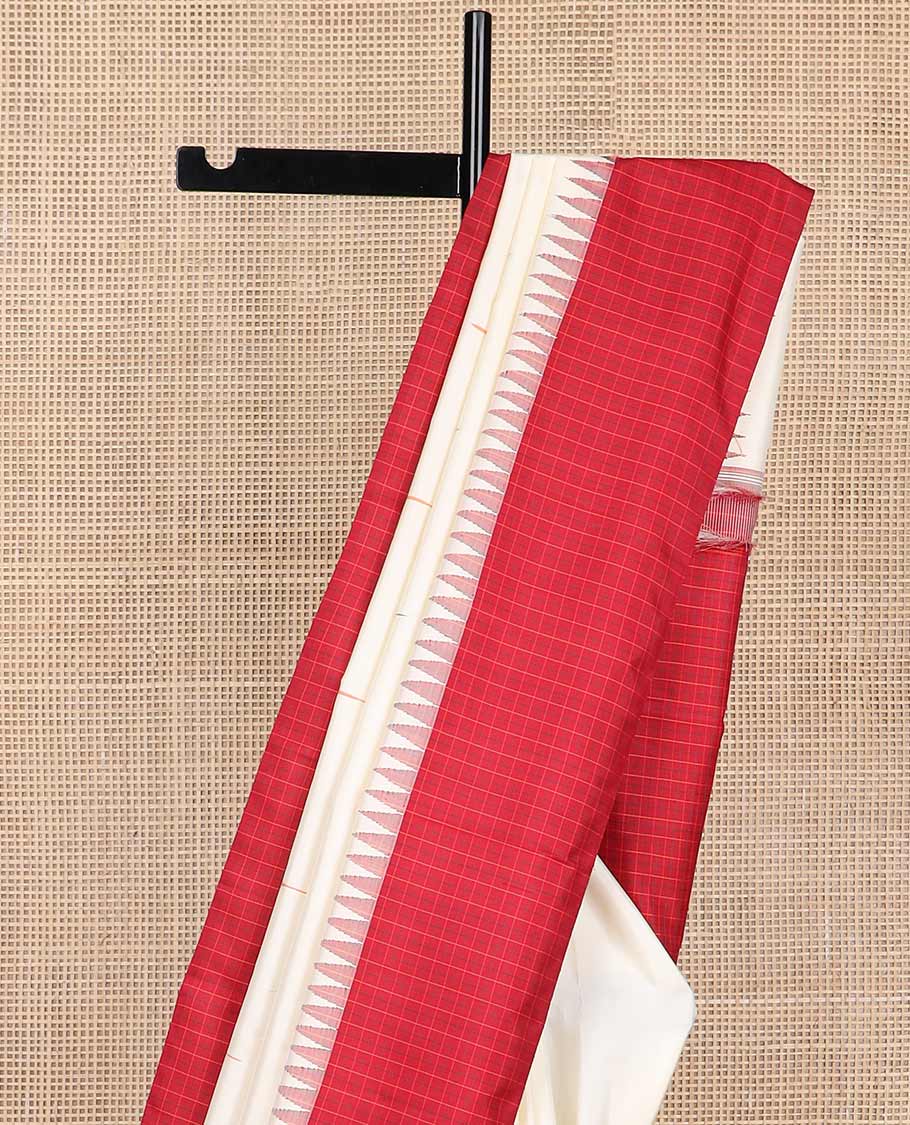 White motifs kancheepuram silk saree with contrast checked border & checked pallu