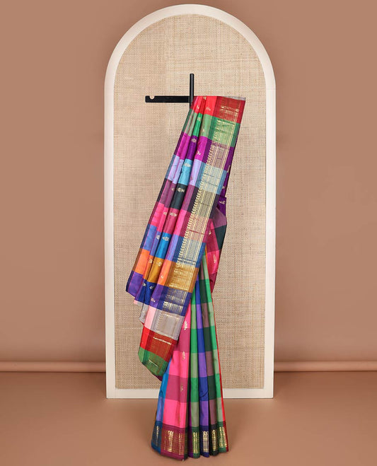 Multi-color checked & zari buttas kanchipuram silk saree, one-sided border of manga mokku & geometric design border & contrast zari design pallu
