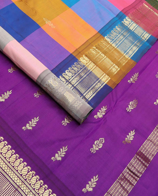 Multi-color checked & zari buttas kanchipuram silk saree, one-sided border of manga mokku & geometric design border & contrast zari design pallu
