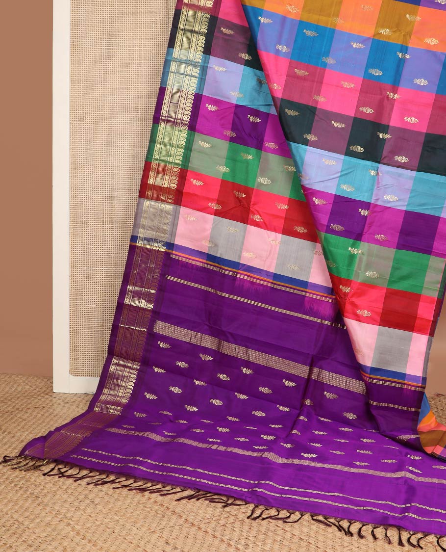 Multi-color checked & zari buttas kanchipuram silk saree, one-sided border of manga mokku & geometric design border & contrast zari design pallu