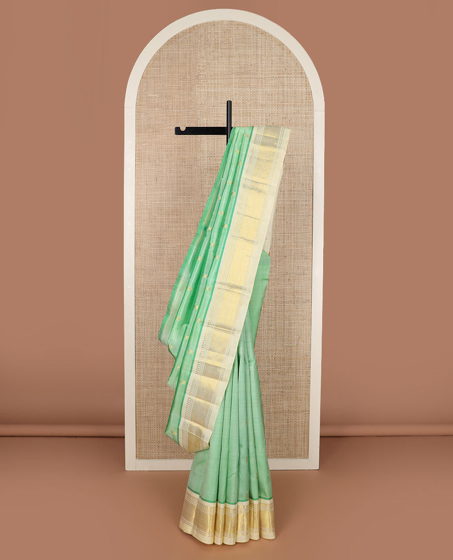 Turquoise buttas Kanchipuram silk saree, contrast border of panner sombu, banaras & mayil kann design & zari  design pallu