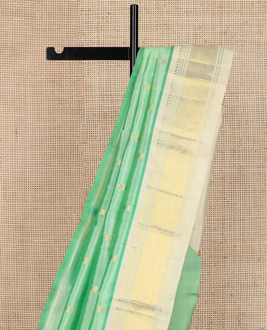 Turquoise buttas Kanchipuram silk saree, contrast border of panner sombu, banaras & mayil kann design & zari  design pallu