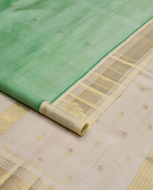 Turquoise buttas Kanchipuram silk saree, contrast border of panner sombu, banaras & mayil kann design & zari  design pallu