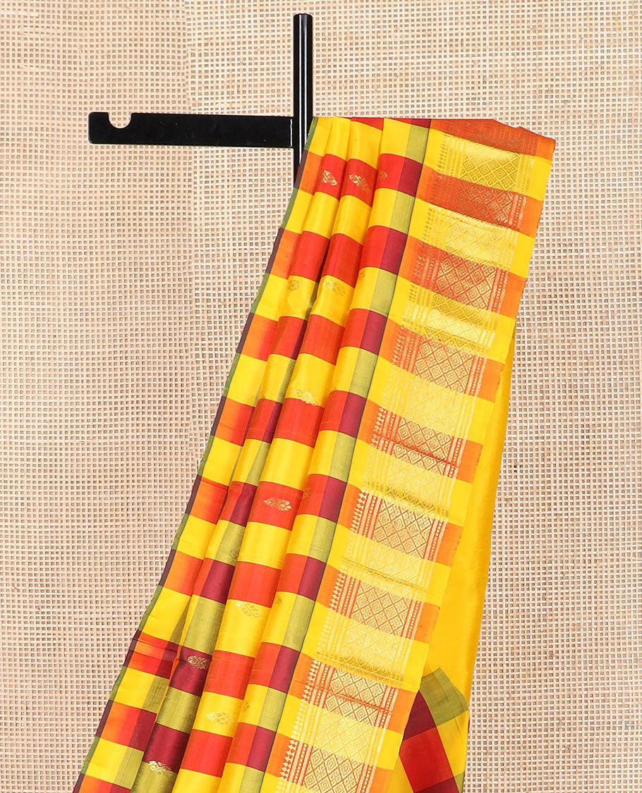 Multi-color zari buttas Kanchipuram silk saree, contrast border of paneer sombu, banaras, muthu, and jaal designs, and zari design pallu