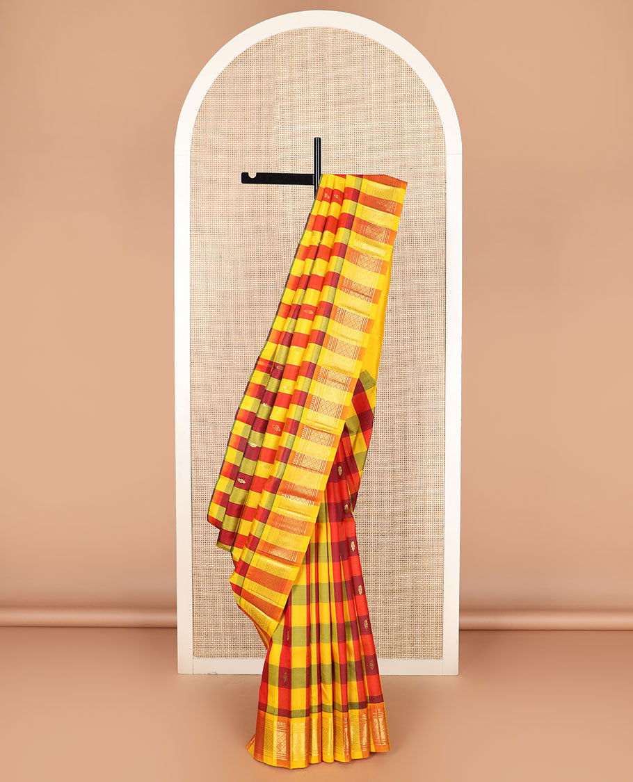 Multi-color zari buttas Kanchipuram silk saree, contrast border of paneer sombu, banaras, muthu, and jaal designs, and zari design pallu