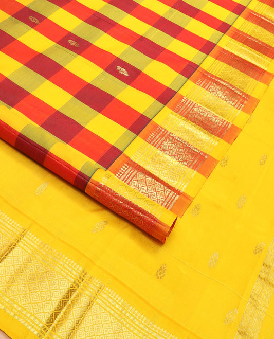 Multi-color zari buttas Kanchipuram silk saree, contrast border of paneer sombu, banaras, muthu, and jaal designs, and zari design pallu