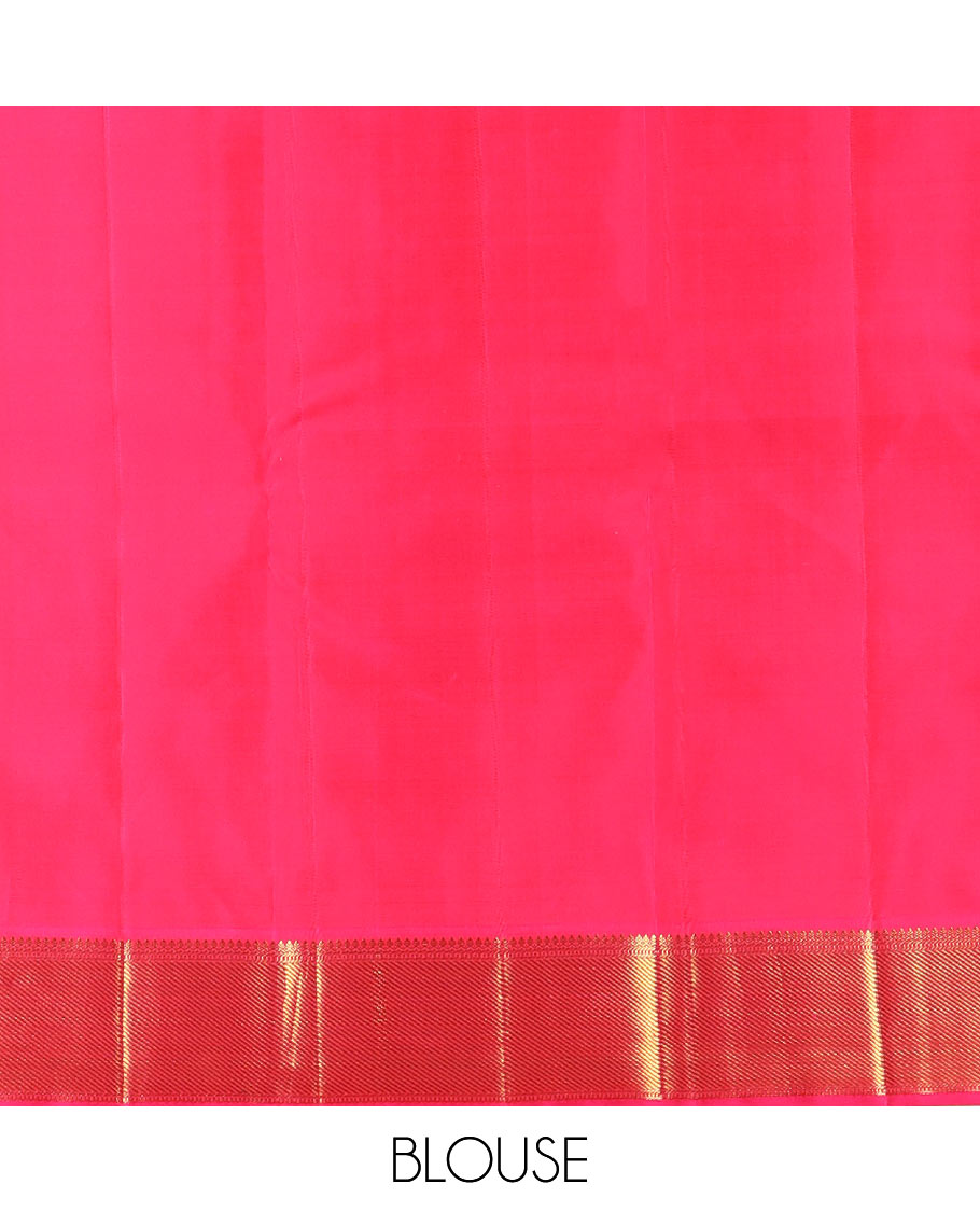 Blue mayil chakram buttas Kanchipuram silk saree, contrast border of thilakam mokku, banaras, muthu, and zari stripes, and mayil kann pallu