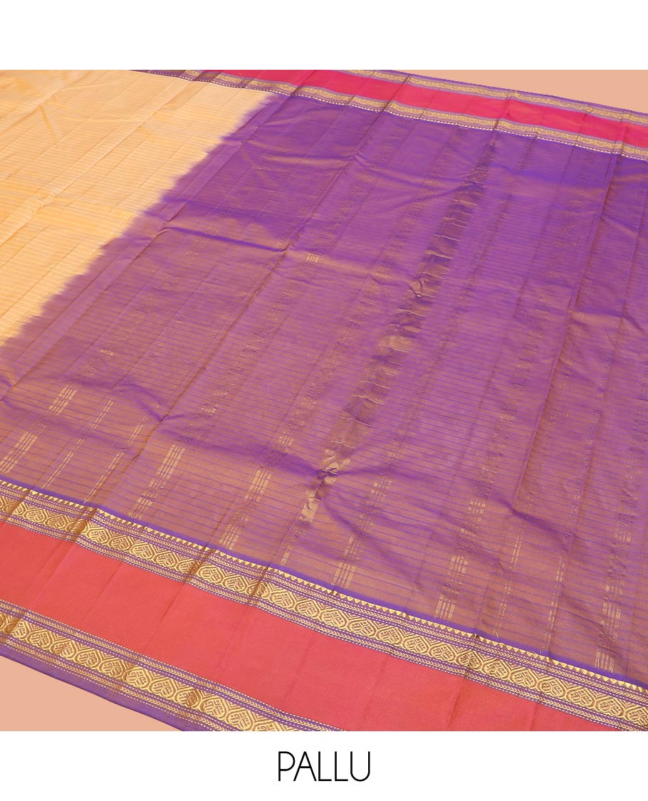 Light Orange Kanchipuram Silk Saree Embellished with Vazhaipoo Stripes, Complemented by Contrast Rettai Pettu Border of Rekku, Kathir, Muthu, and Jada Nagam Designs, Zari Woven Pallu, and Paired with a Contrast Blouse