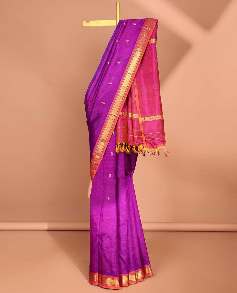 Purple  buttas kancheepuram silk saree with contrast border of banaras, jaal design & striped, floral design pallu