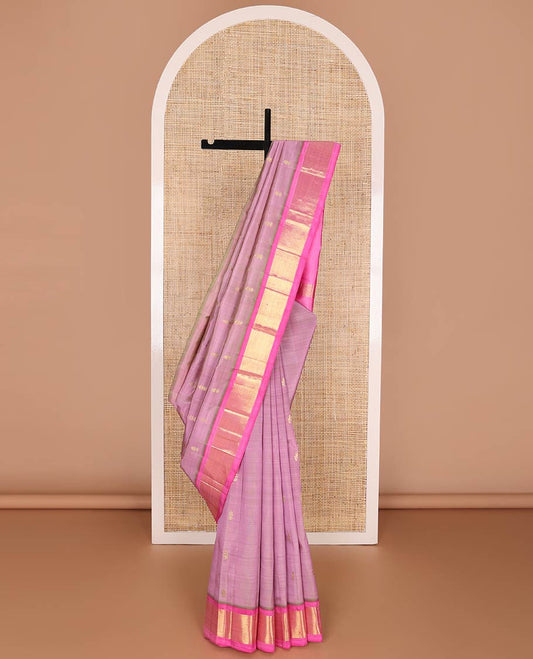 Pink kancheepuram silk saree with zari buttas, contrast one-sided vanki border & zari design pallu