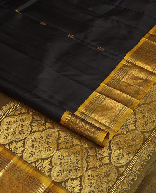 Black zari buttas Kanchipuram silk saree, contrast one-sided border of panner sombu,banaras,muthu & mayil  kann & four-petal floral motifs woven pallu