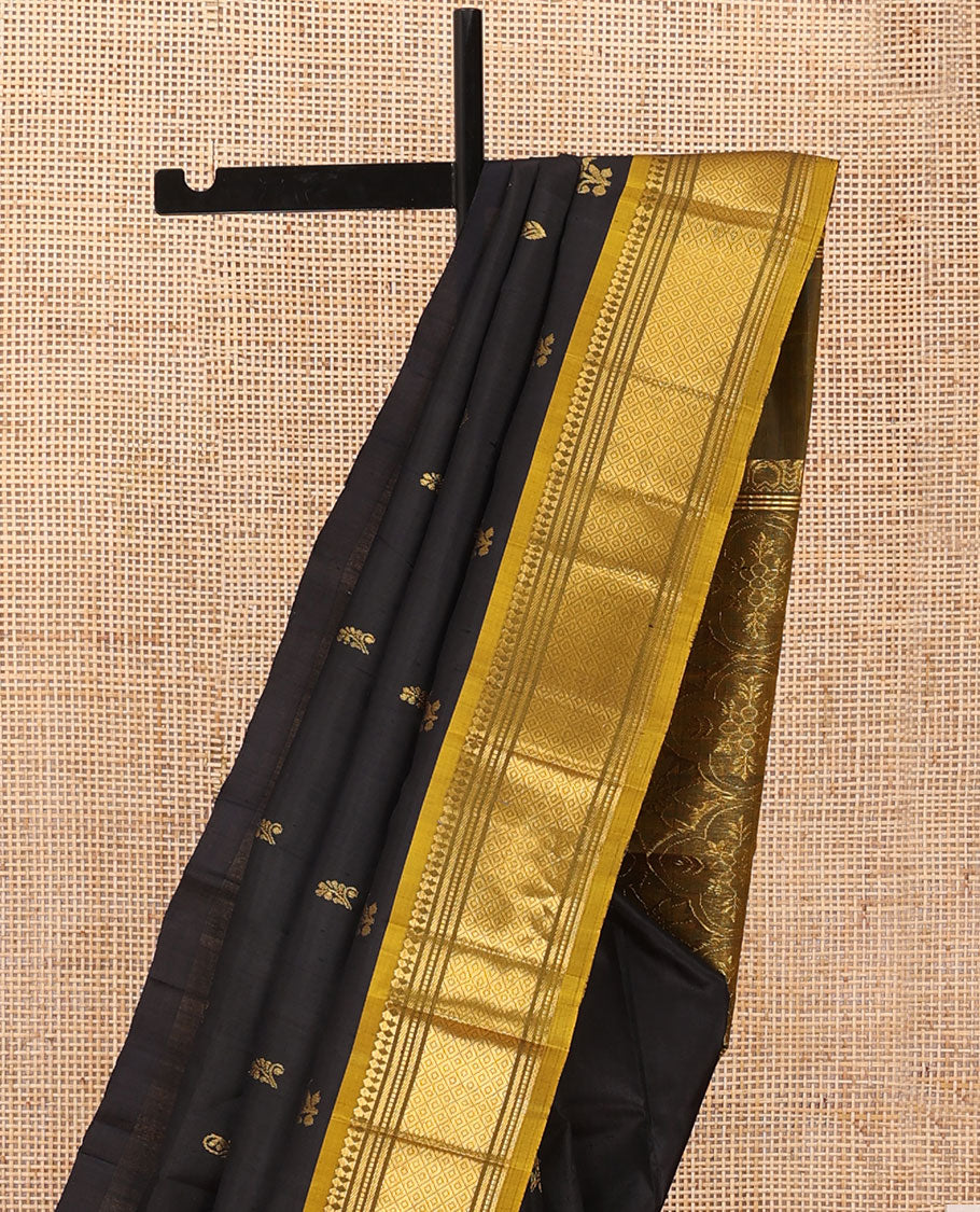 Black zari buttas Kanchipuram silk saree, contrast one-sided border of panner sombu,banaras,muthu & mayil  kann & four-petal floral motifs woven pallu