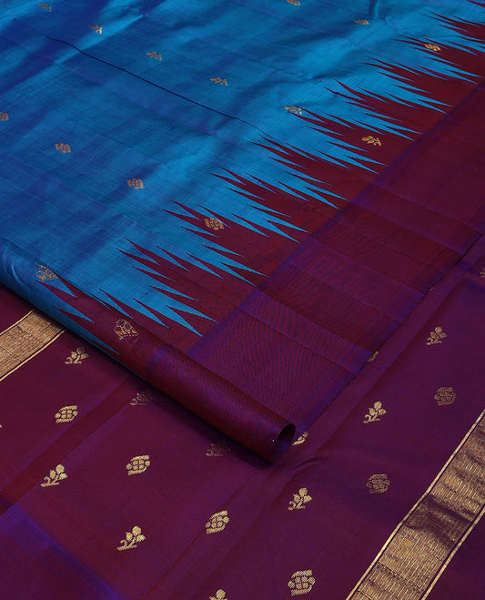 Blue zari buttas Kanchipuram silk saree, contrast one-sided thazampoo rekku zari design border & zari design pallu