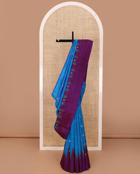 Blue zari buttas Kanchipuram silk saree, contrast one-sided thazampoo rekku zari design border & zari design pallu