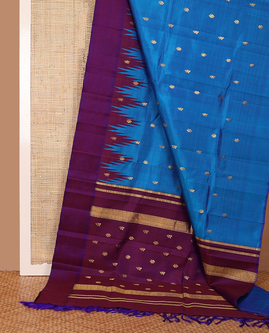 Blue zari buttas Kanchipuram silk saree, contrast one-sided thazampoo rekku zari design border & zari design pallu