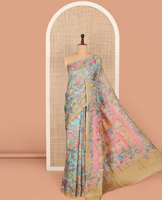 Turquoise Semi-Tussar Saree Detailed with Kalamkari-Style Colorful Floral Print, Complemented by a Contrast Floral Printed Border, Pallu Depicting Krishna and Gopis Print, and Paired with a Matching Printed Blouse