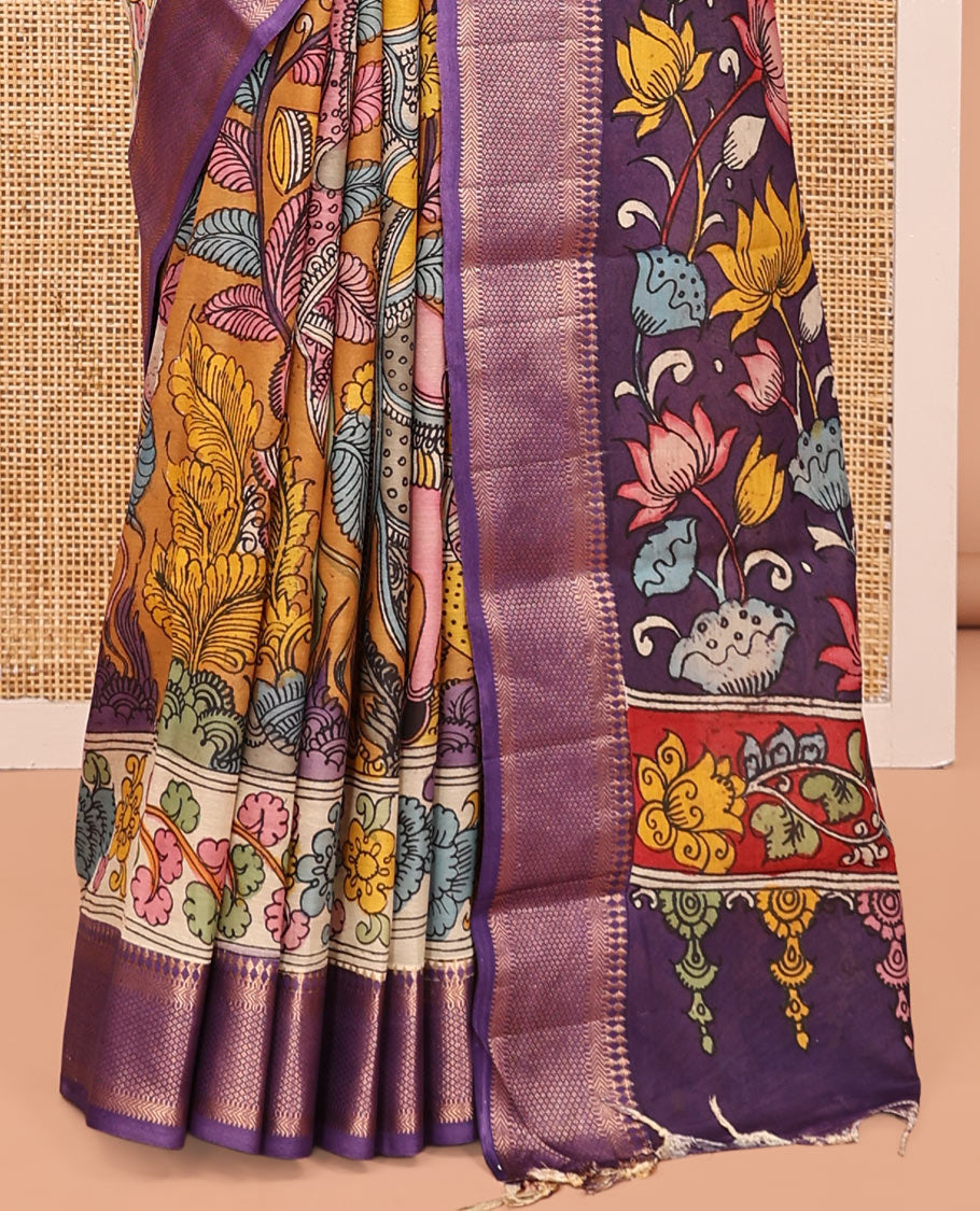 Orange Kalamkari Printed Semi-Banarasi Tussar Saree, Mesmerized with Flora-Fauna Motifs, Contrast Traditional Border, God Motifs Printed Pallu, and a Contrast Blouse
