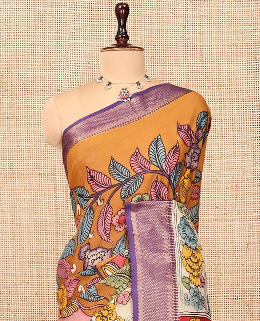 Orange Kalamkari Printed Semi-Banarasi Tussar Saree, Mesmerized with Flora-Fauna Motifs, Contrast Traditional Border, God Motifs Printed Pallu, and a Contrast Blouse