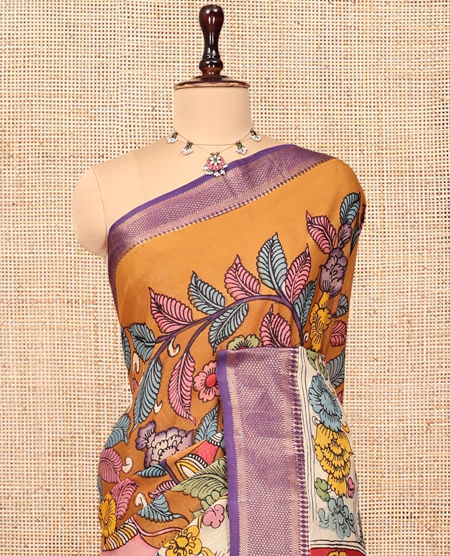 Orange Kalamkari Printed Semi-Banarasi Tussar Saree, Mesmerized with Flora-Fauna Motifs, Contrast Traditional Border, God Motifs Printed Pallu, and a Contrast Blouse