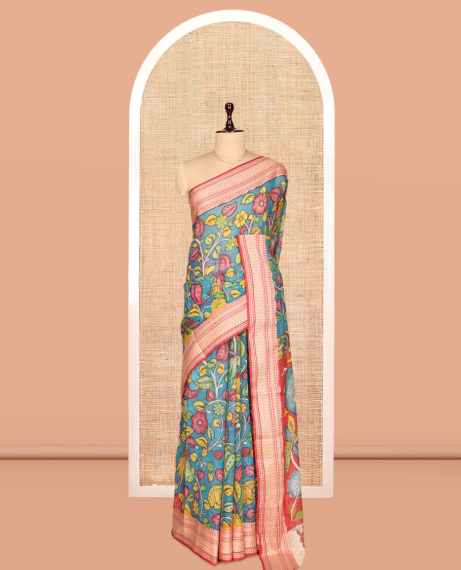 Blue Kalamkari Silk Saree, Bedecked with Floral Vine Print, a Contrast Traditional Border, Pallu of Radha Krishna and Gopis, and a Contrast Blouse
