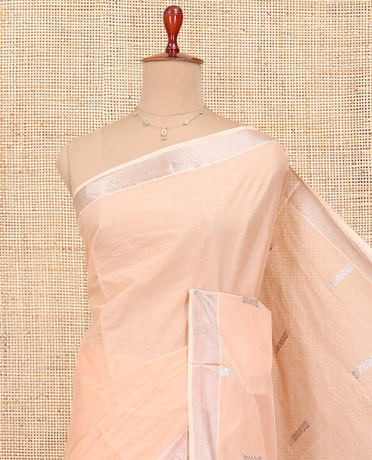 Peach Kerala Cotton Saree, Woven with Buttas All Over Its Body, a Zari Bavanji Border, Pallu of Intricate Designs, and Paired with a Matching Blouse