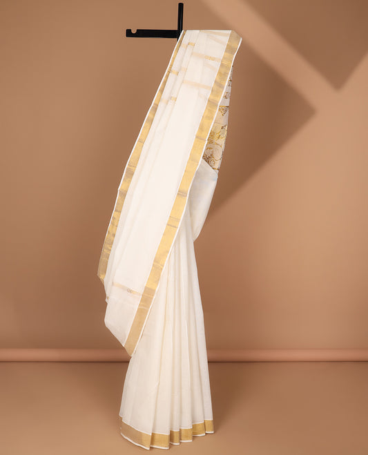 Cream kerala saree with zari designs, zari border & pallu of traditional zari designs