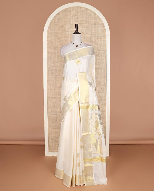 Cream zari buttas Kerala cotton saree, traditional zari border, and intricately designed pallu