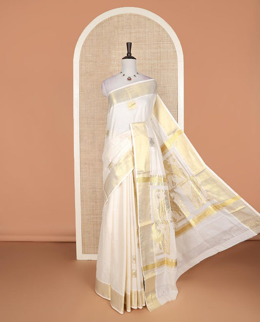Cream zari buttas Kerala cotton saree, traditional zari border, and intricately designed pallu