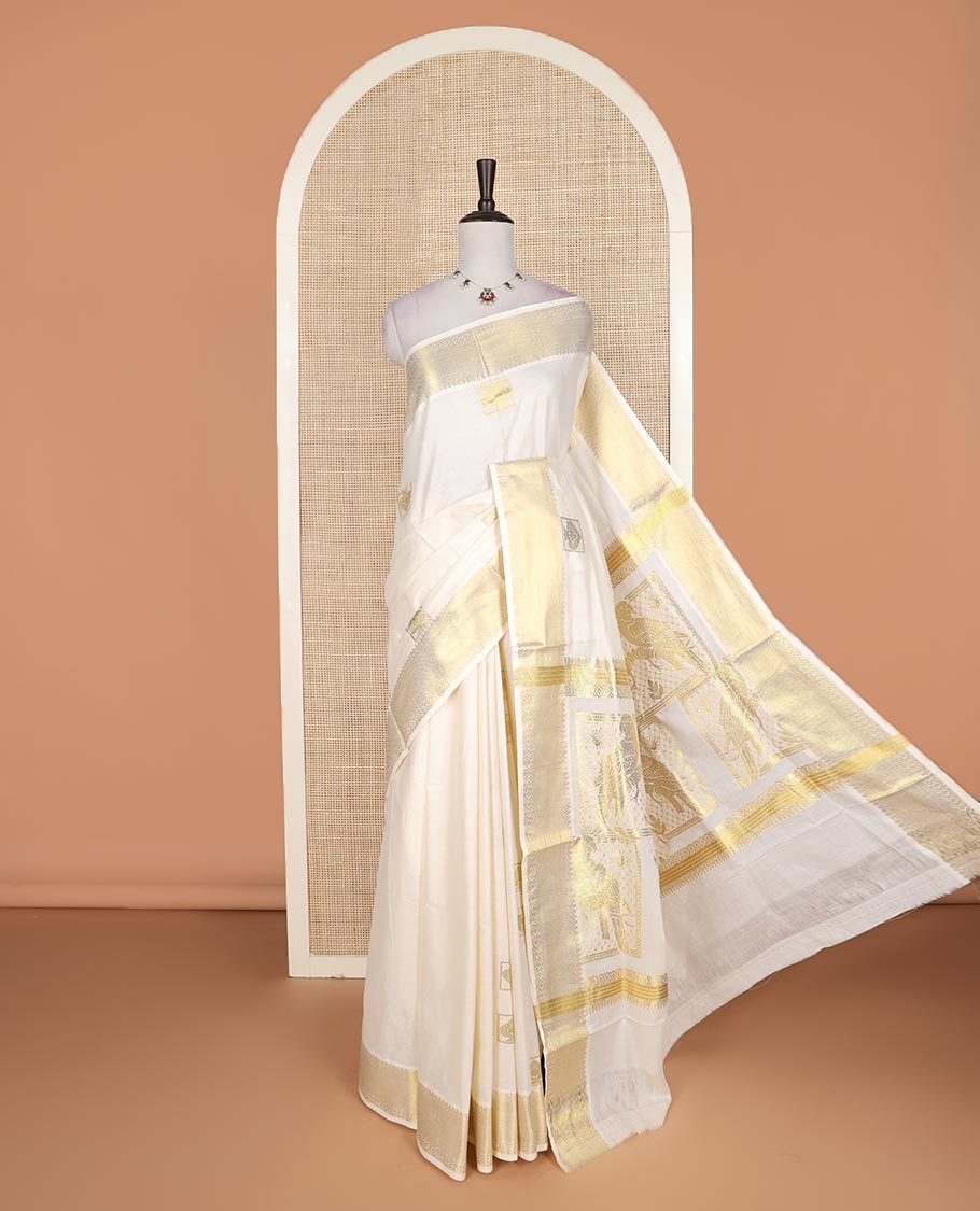 Cream zari buttas Kerala cotton saree, traditional zari border, and intricately designed pallu